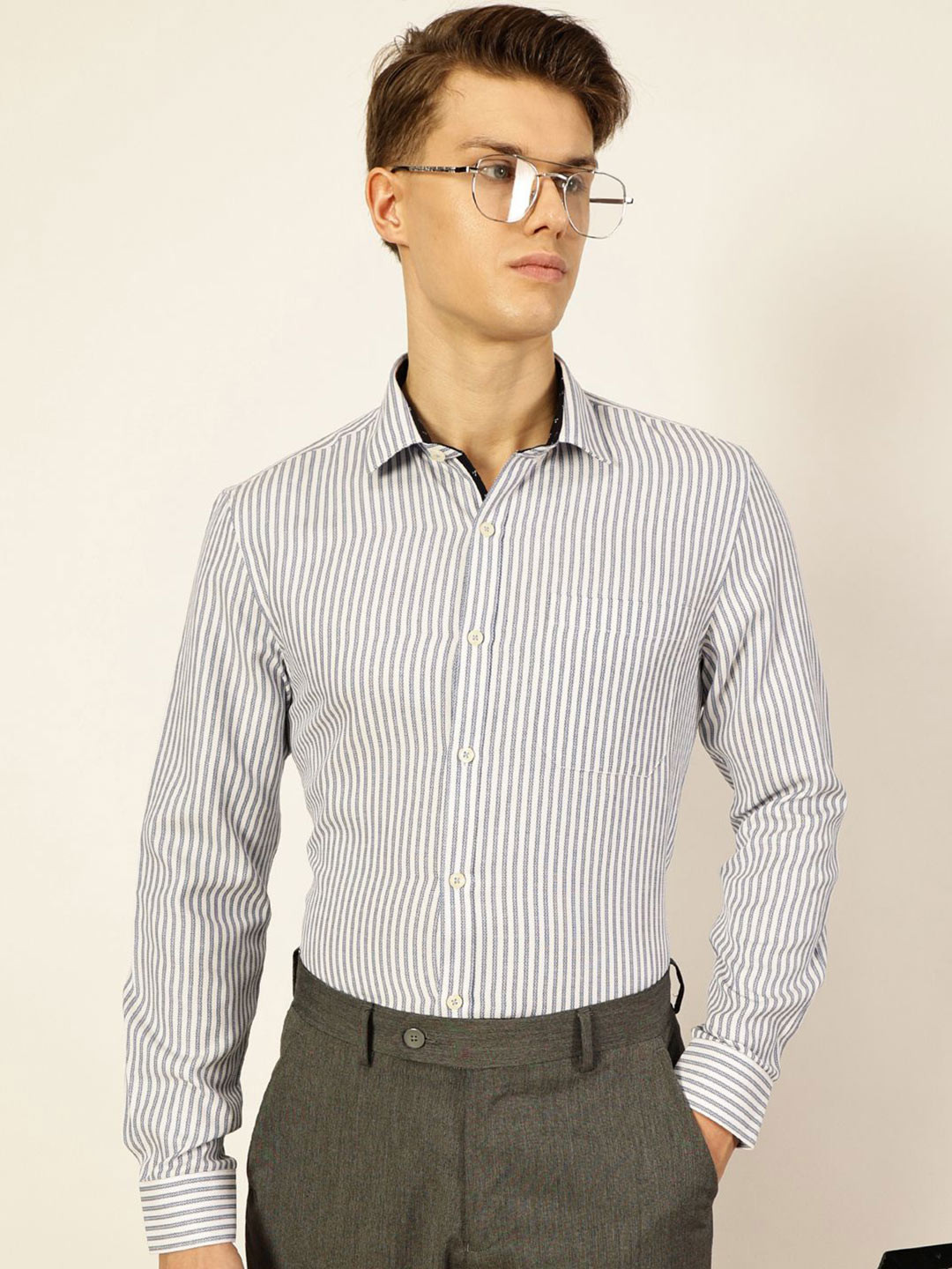 Thomas Scott Men Smart Cutaway Collar Vertical Striped Formal Shirt