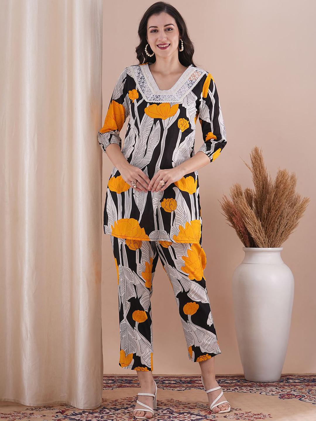 FASHOR Black and White Printed Cotton Straight Tunic With Trouser