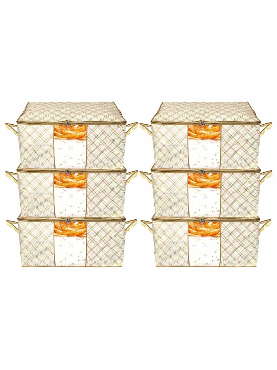 Kuber Industries Cream-Coloured 6 Pieces Checked Multi-Utility Organisers