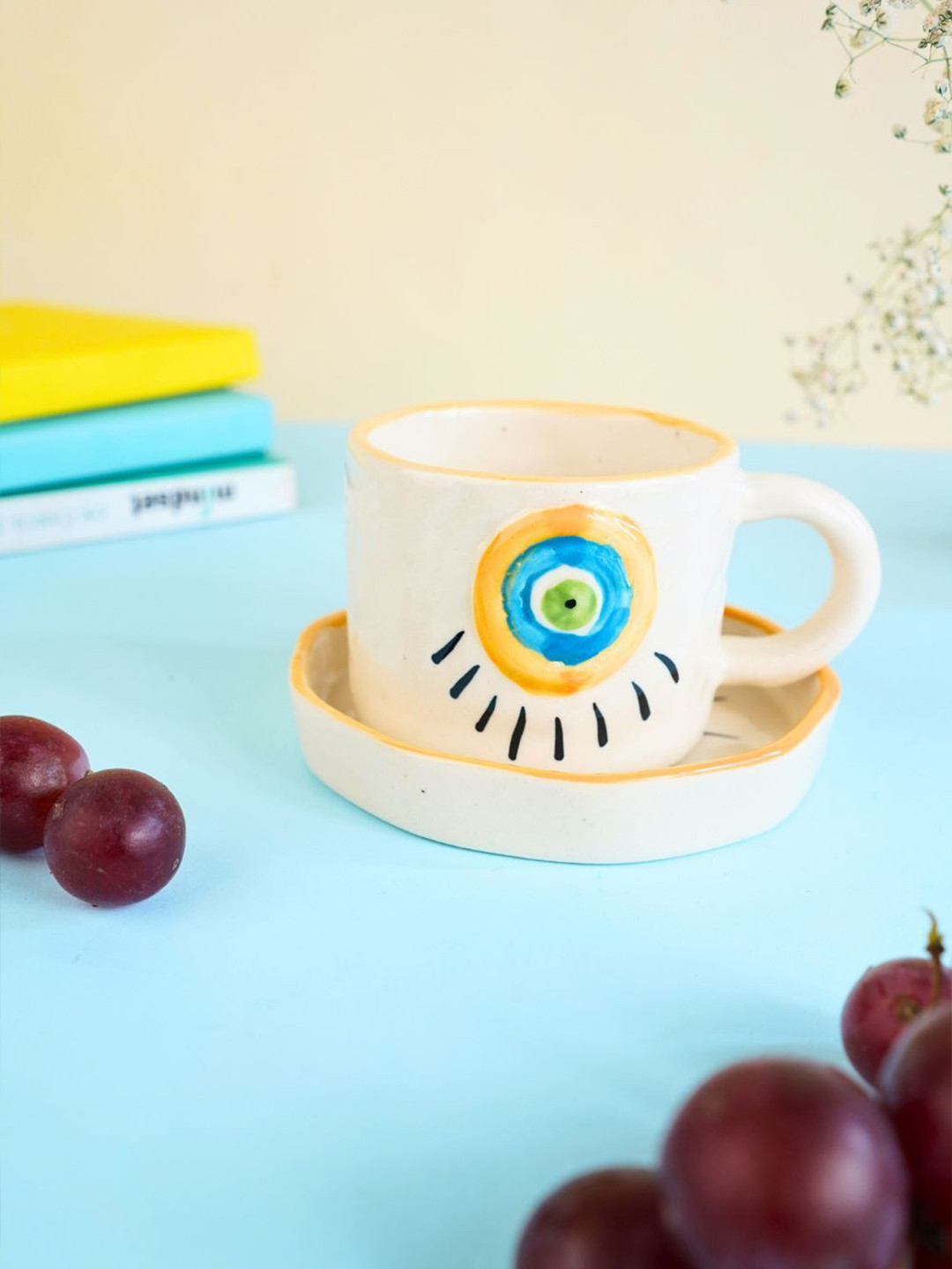 WEAVING HOMES White & Blue Abstract Evil Eye Mug & Dessert Plate