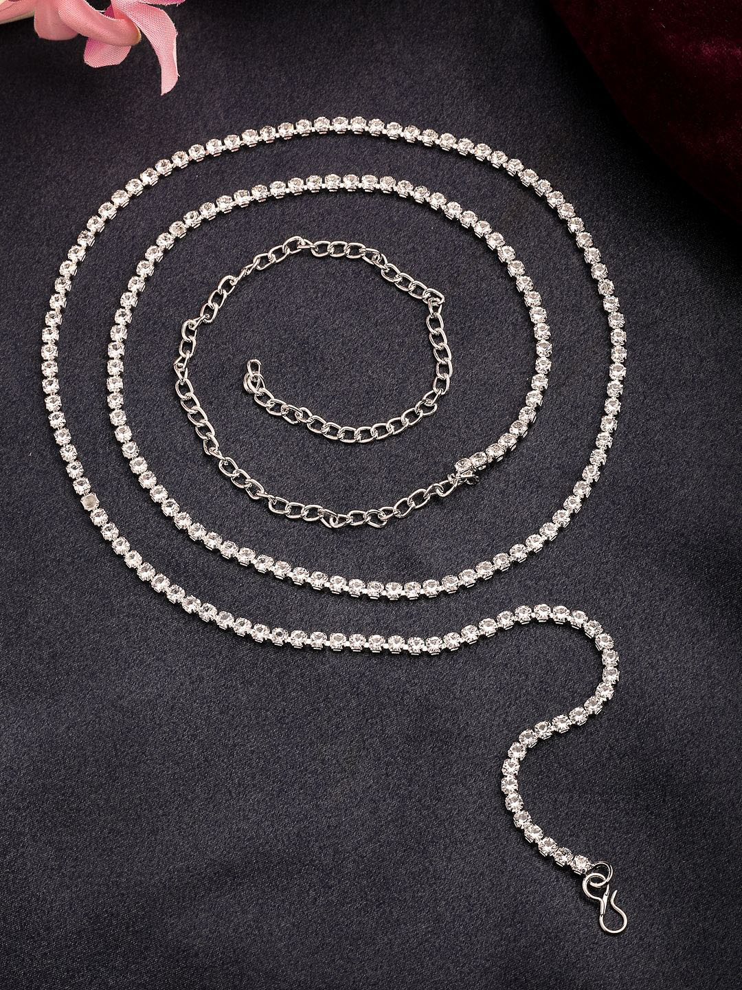 NVR Silver-Plated Cubic Zirconia Studded Waist Chain Saree Accessories