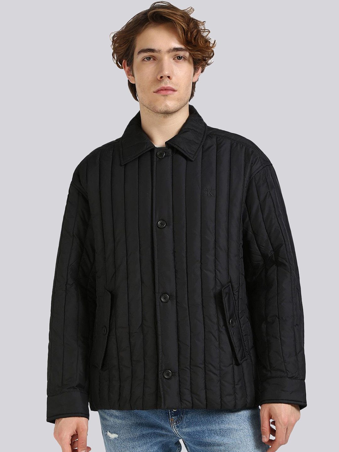 Calvin Klein Jeans Men Spread Collar Solid Casual Quilted Jacket