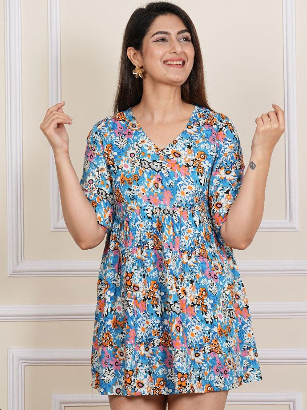 PIMU Women Printed A-Line Three-Quarter Dress