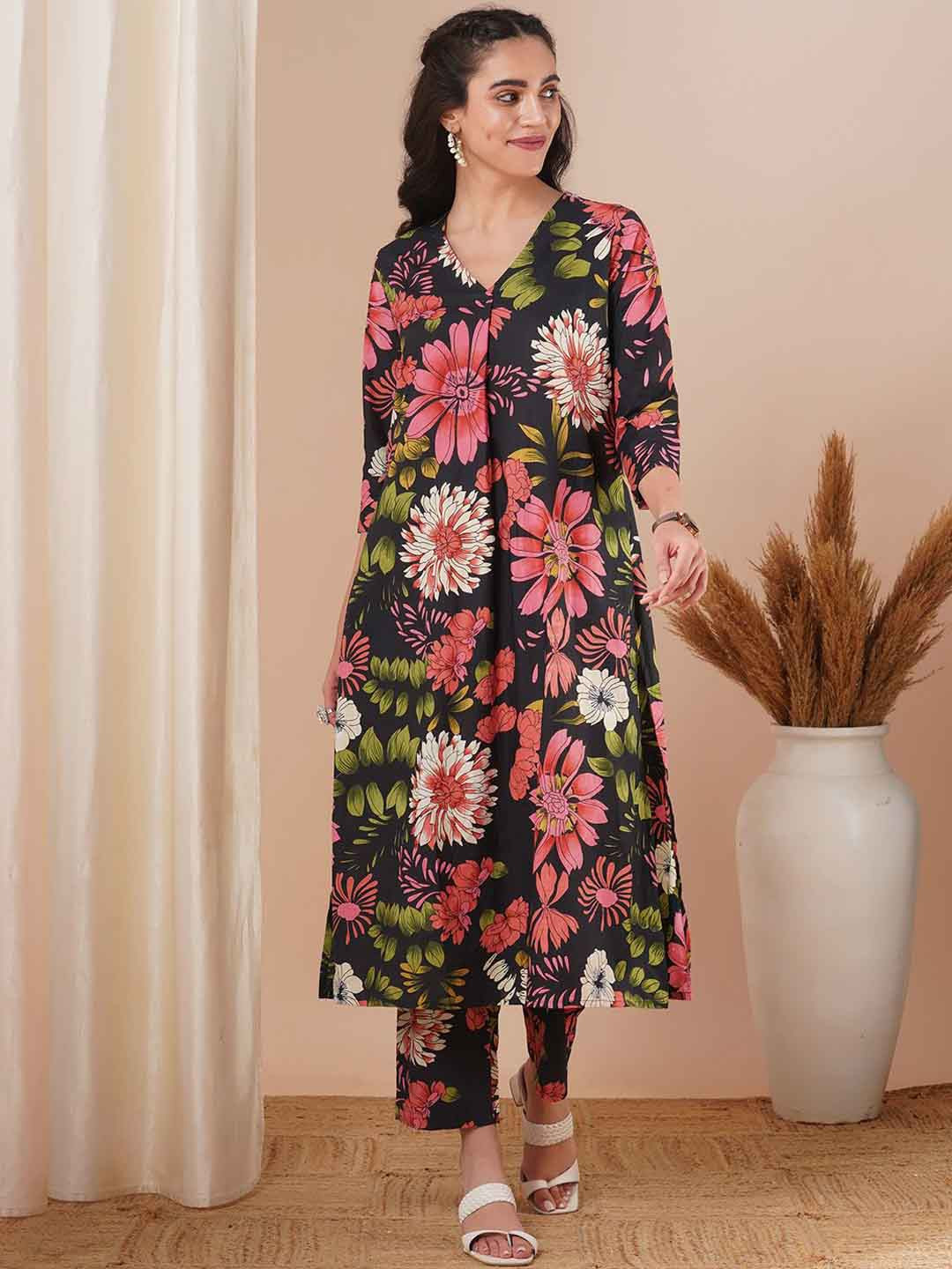 FASHOR Black and Pink Printed Pure Cotton Tunic With Trousers