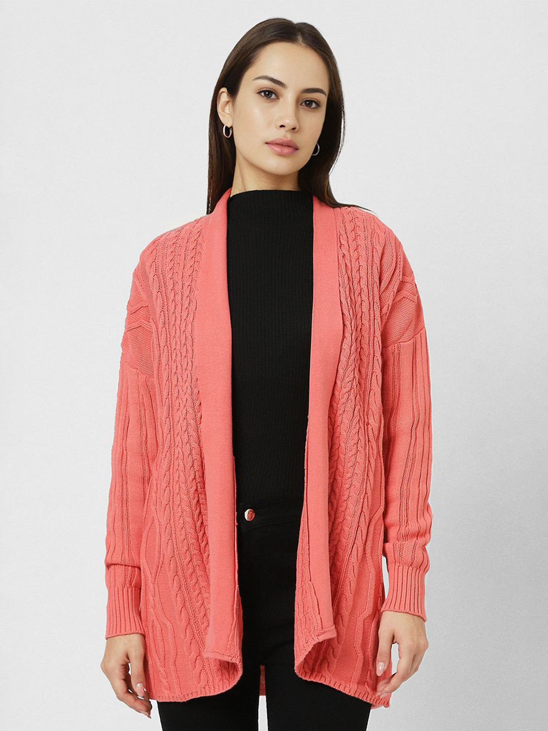 Van Heusen Woman Shawl Collar Self Design  Front-Open Cable Knit Sweaters