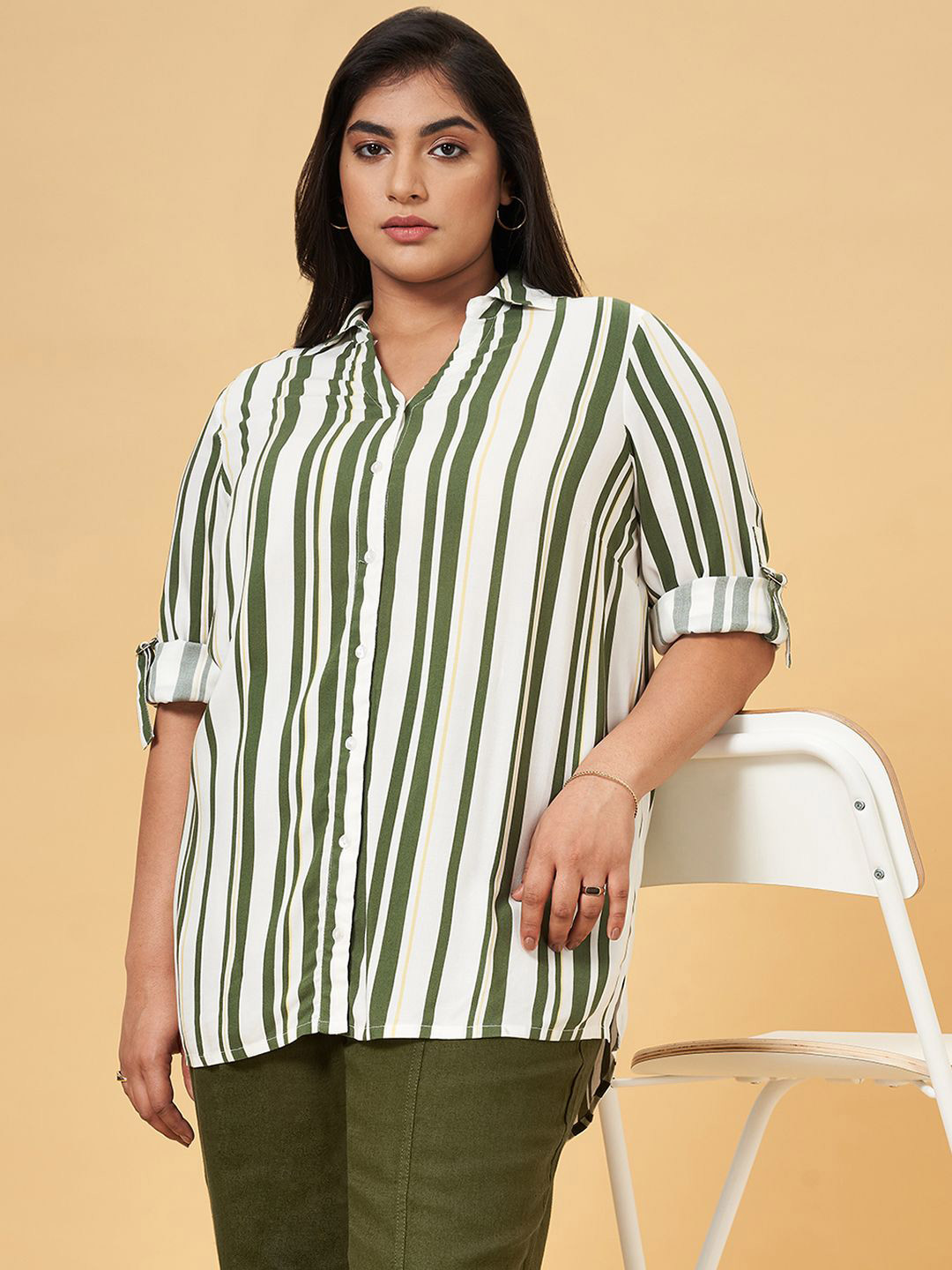 Honey Curvytude by Pantaloons Women Striped Roll-Up Sleeves Shirt Style Top