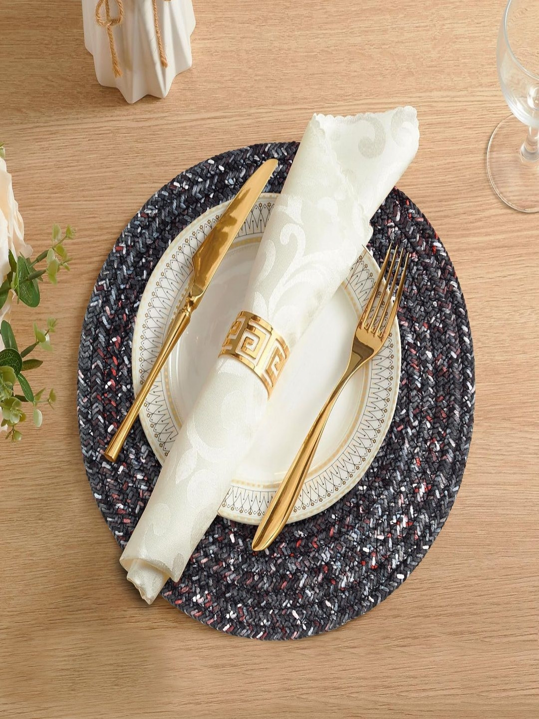 LADLI JEE Black & Grey Woven Design Heat Resistant Table Placemats