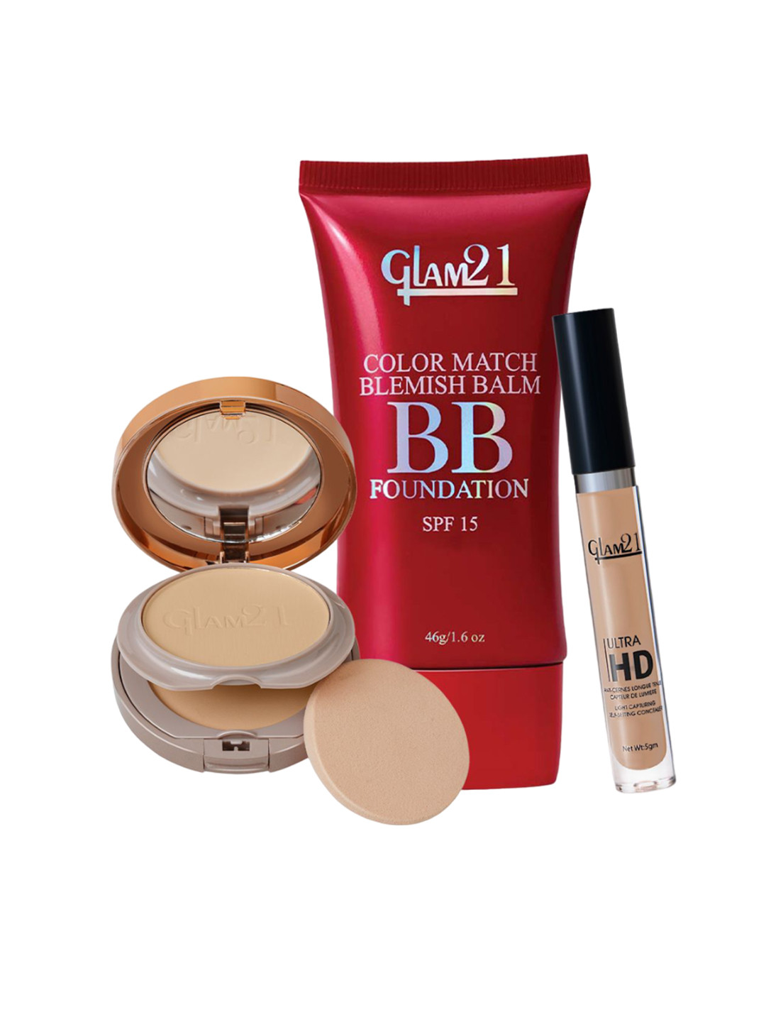 GLAM21 Set of 3 Concealer, BB Foundation & Duo Finish Compact Powder - Combo - 005