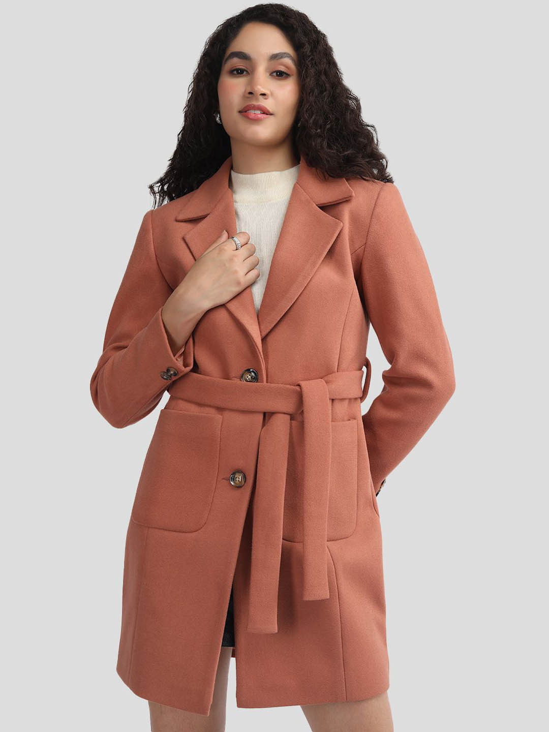 Plagg Women Single-Breasted Overcoat With Waist Belt