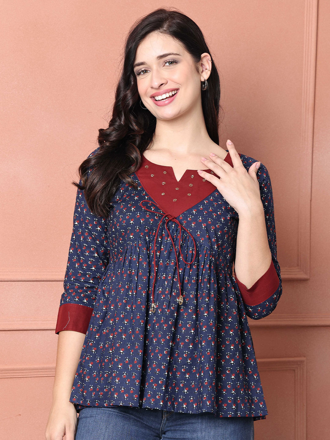 Rajnandini Pure Cotton Floral Printed V- Neck Empire Top