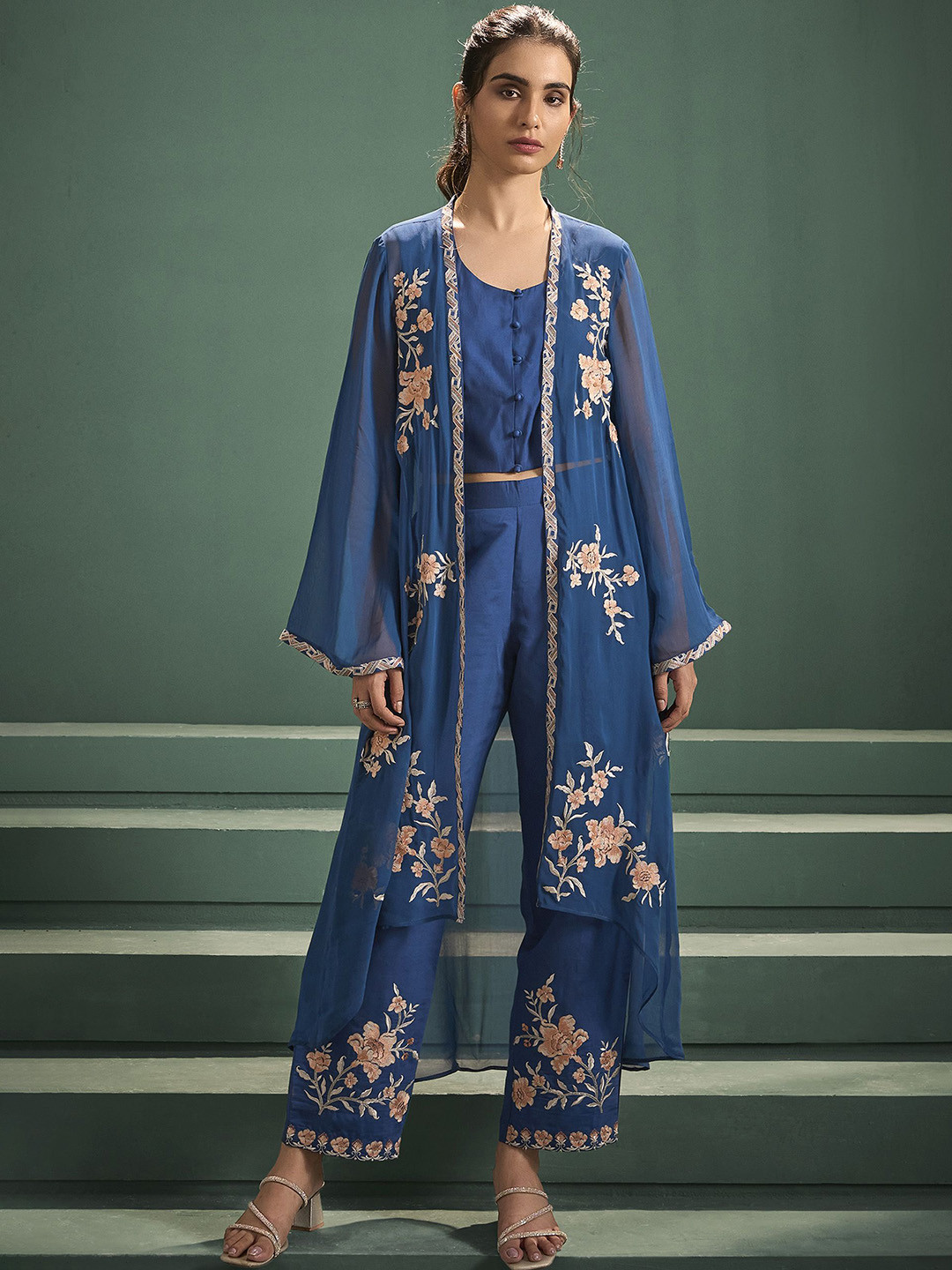 Anouk Blue and Cream Top & Shrug With Trousers