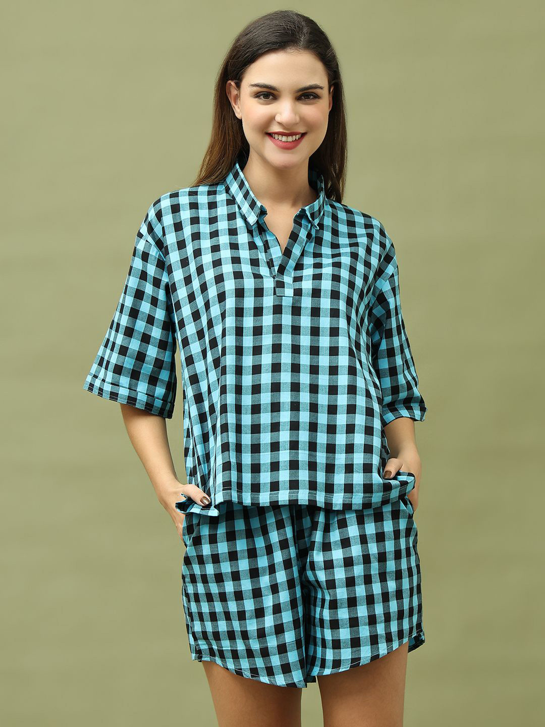 TAG 7 Women Pure Cotton Checked Shirt Collar Short Sleeves Drawstring Night suit