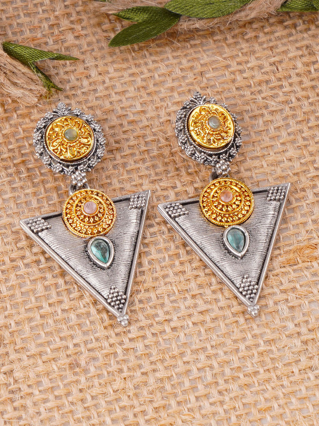 Adwitiya Collection Silver-Plated Triangle Filigree Oxidised Flower Crystals Drop Earrings