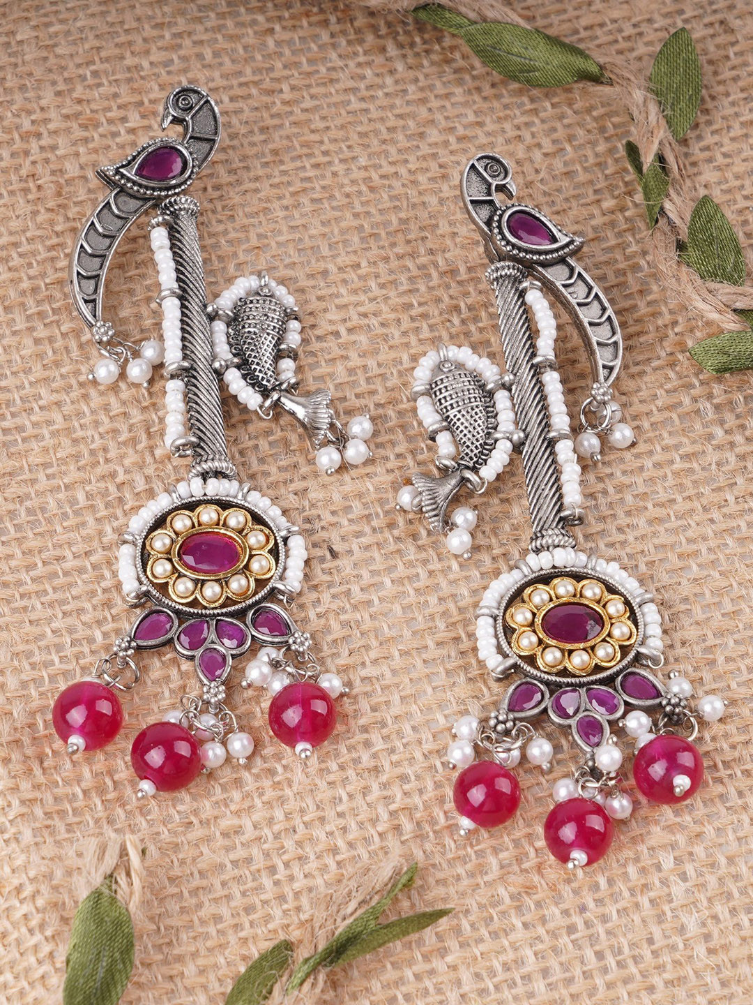 Adwitiya Collection Silver-Plated Peacock Design Ruby & Pearls Oxidised Drop Earrings
