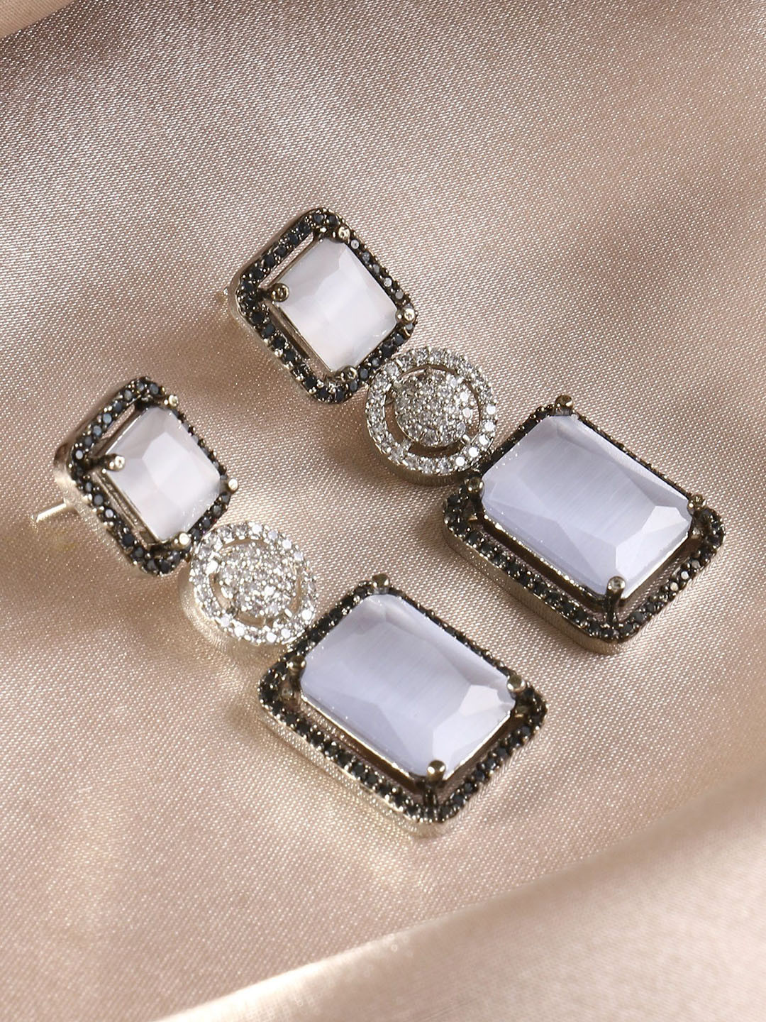 Adwitiya Collection Rhodium-Plated Crystal Stone Studded Drop Earrings