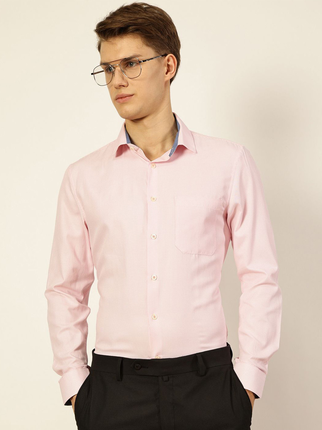 Thomas Scott Men Smart Cutaway Collar Micro Checked Cotton Formal Shirt
