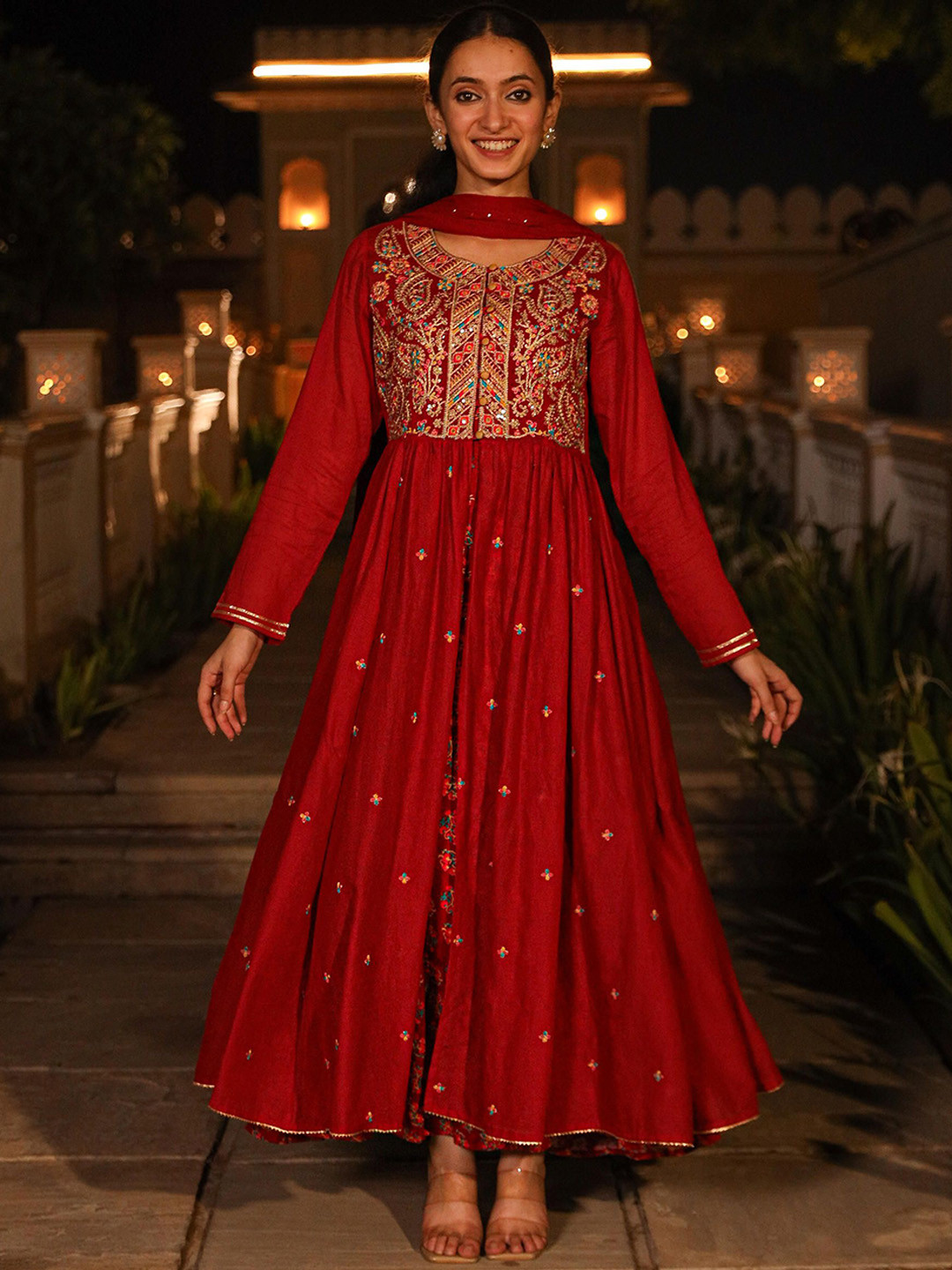 Juniper Ethnic Motifs Sequined Cotton Kurta Shrug Inner & Dupatta