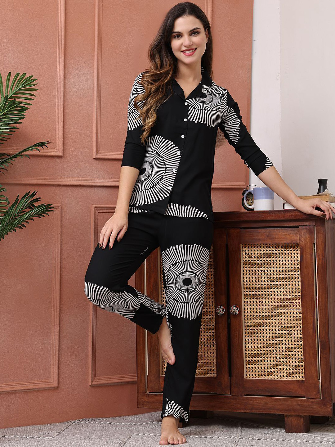 Boston Club Women Printed Mandarin Collar Three-Quarter Sleeves Slip-On Night suit