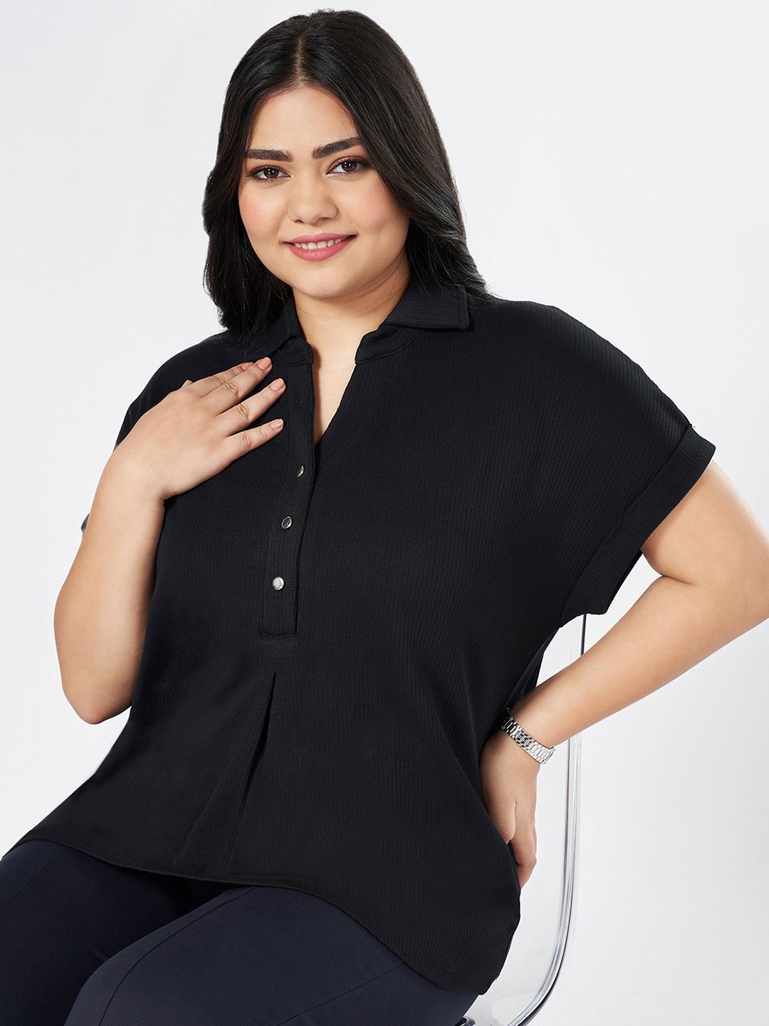Honey Curvytude by Pantaloons Women Plus Size Extended Sleeves Cotton Shirt Style Top