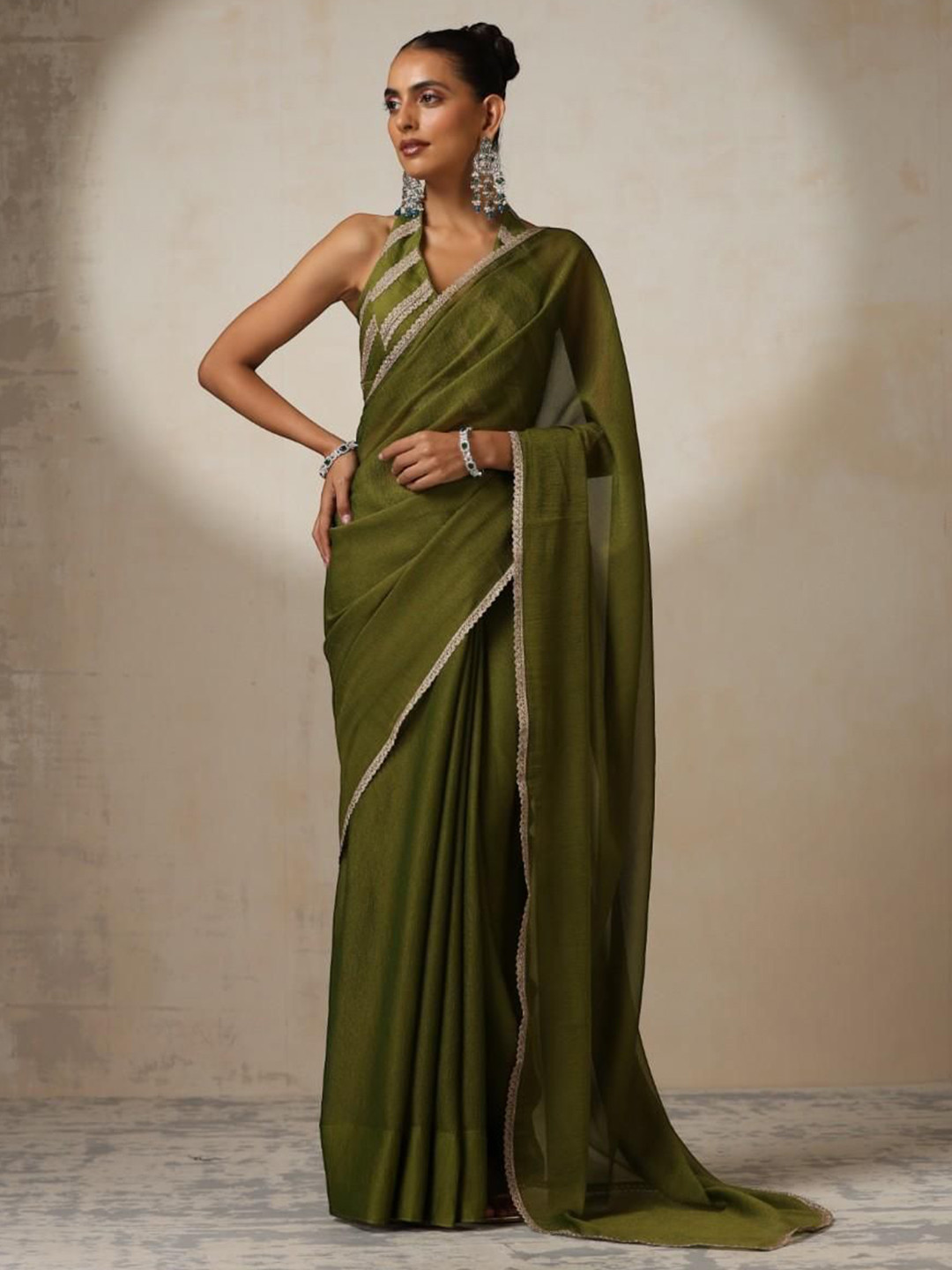 Swtantra Sequinned Pure Chiffon Lace Border Saree