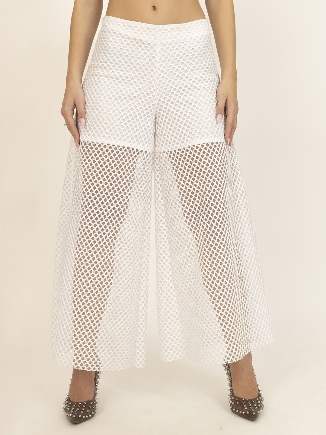 LELA Women Cotton Self Design Mesh Net Flared Palazzo