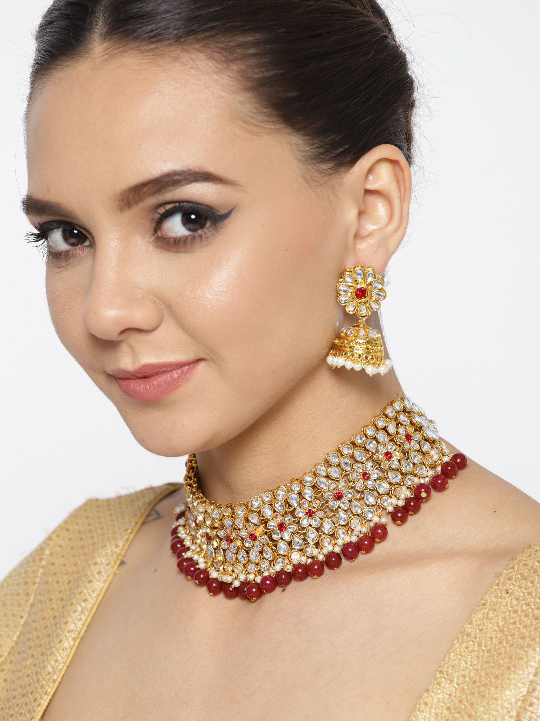 YouBella Golf-Plated Stone Studded & Beaded Jewellery Set