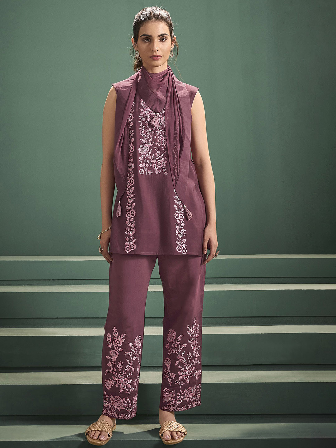 Anouk Mauve Embroidered Tunic With Trousers and Scarf