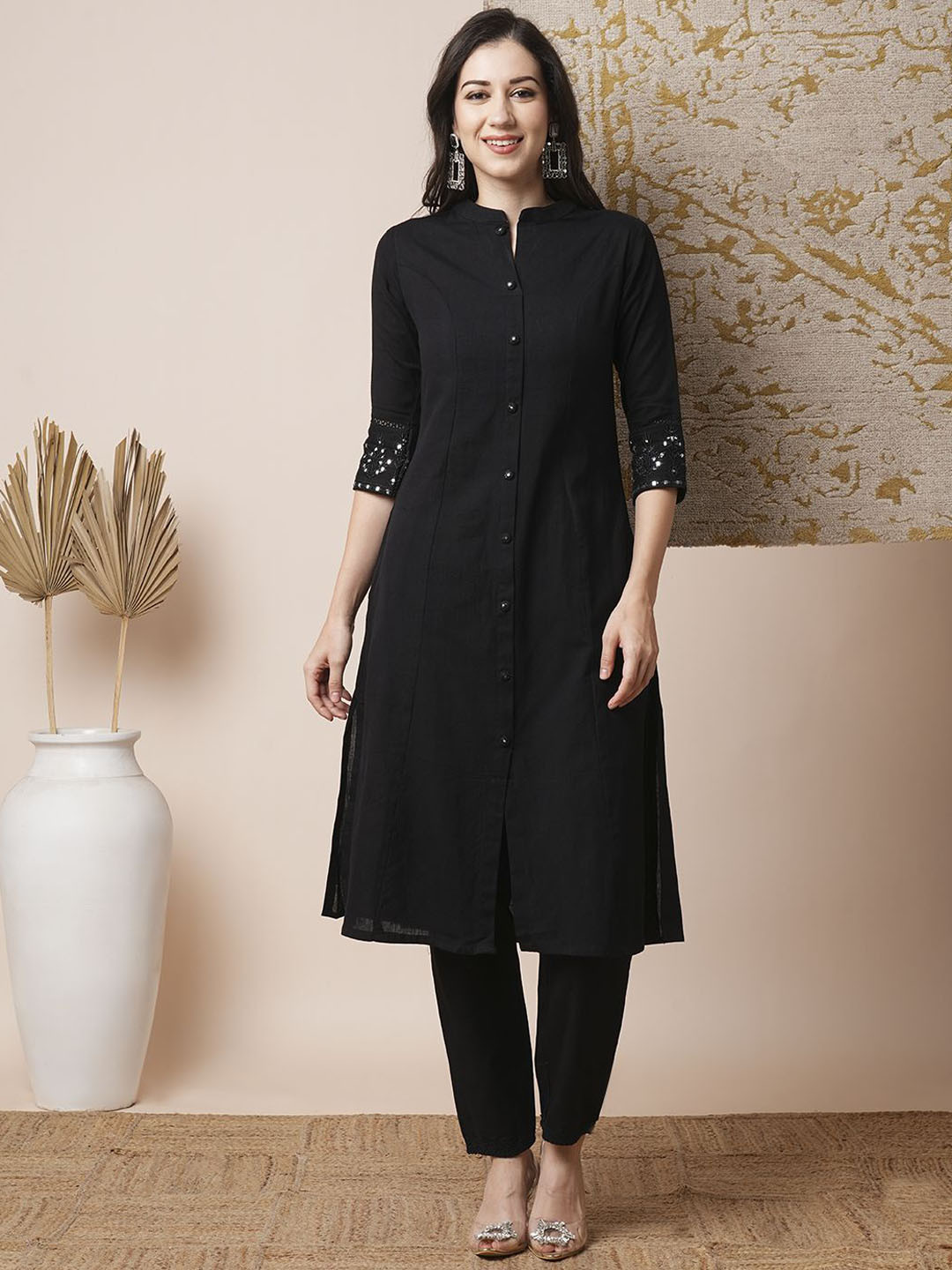 FASHOR Black Embroidered Tunic With Trousers