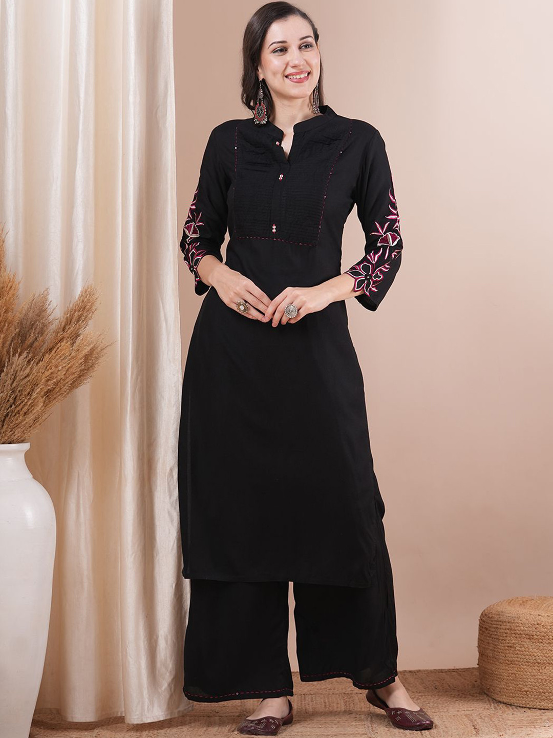 FASHOR Black and Purple Floral Embroidered Tunic With Palazzo