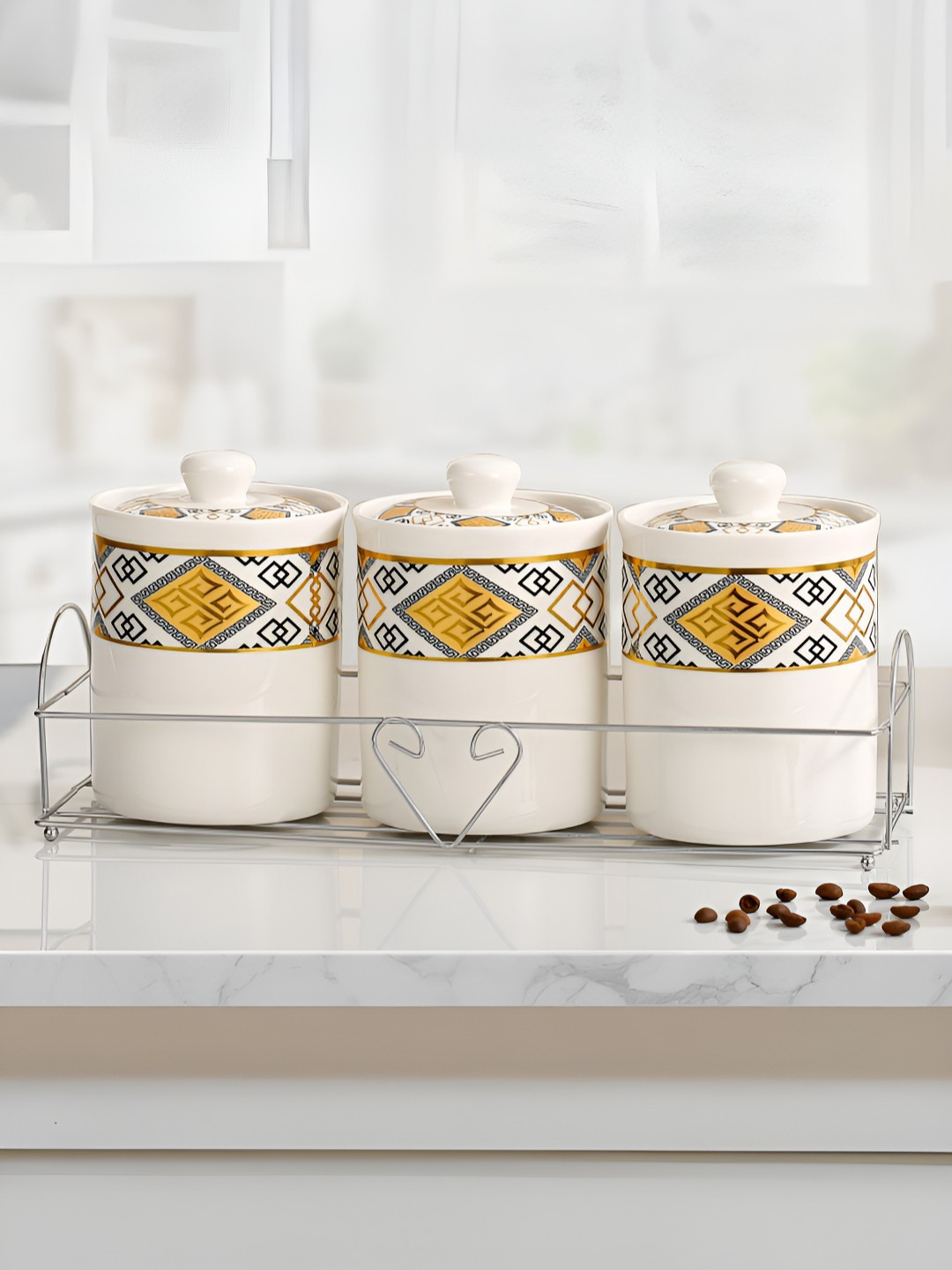 The Better Home White Geometric Ceramic Air Tight 3 Piece Flip Top Canister-700ml