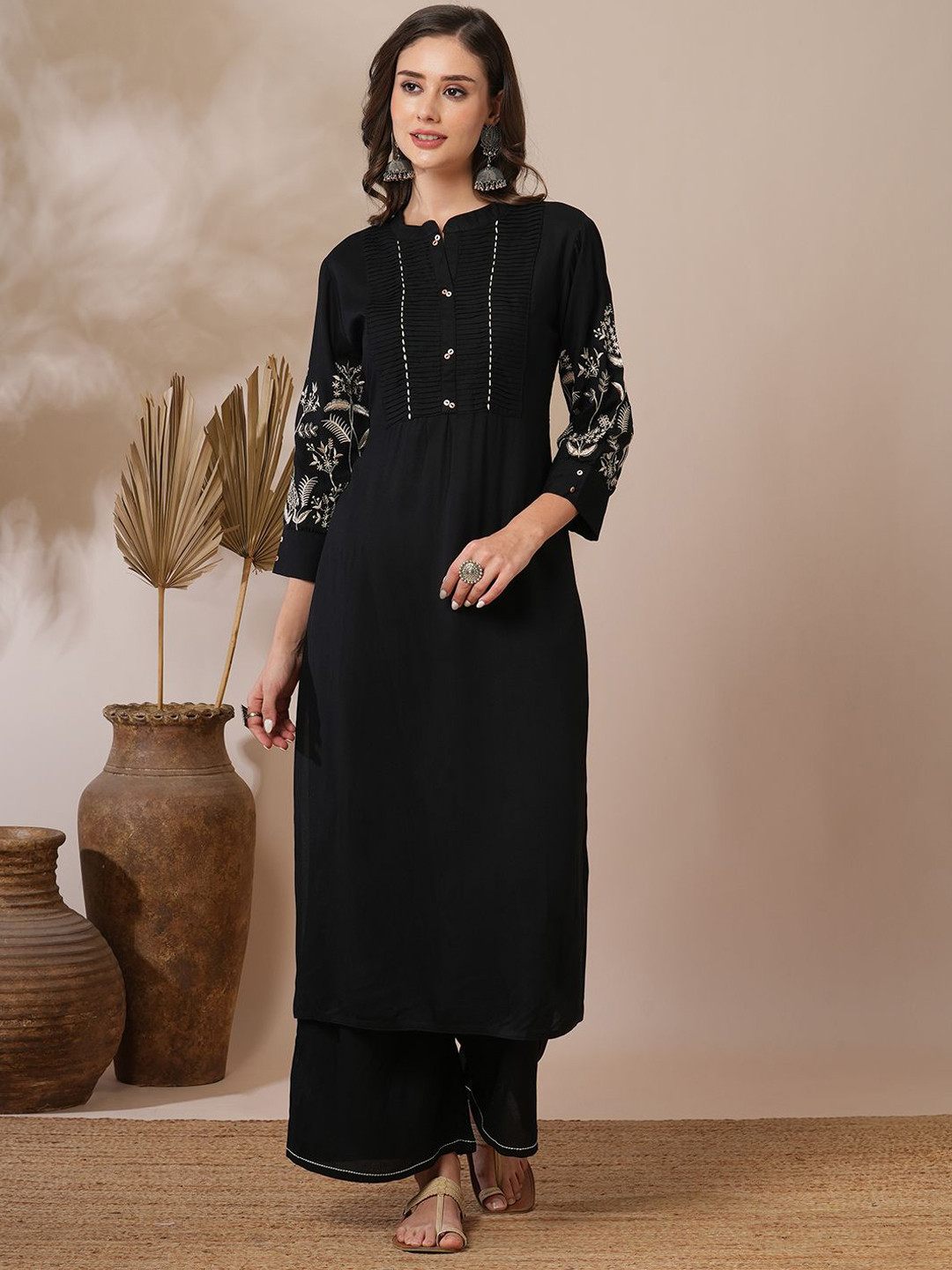 FASHOR Black and Cream Embroidered Tunic With Palazzo