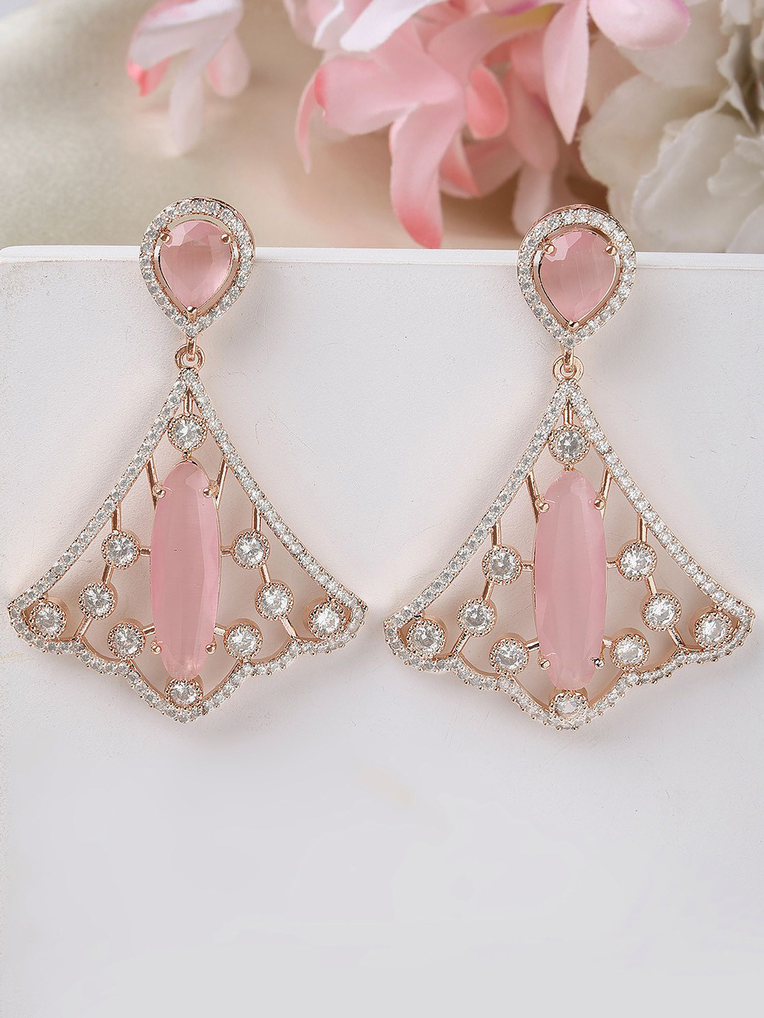 KARATCART Rose Gold-Plated Cubic Zirconia Studded Contemporary Drop Earrings