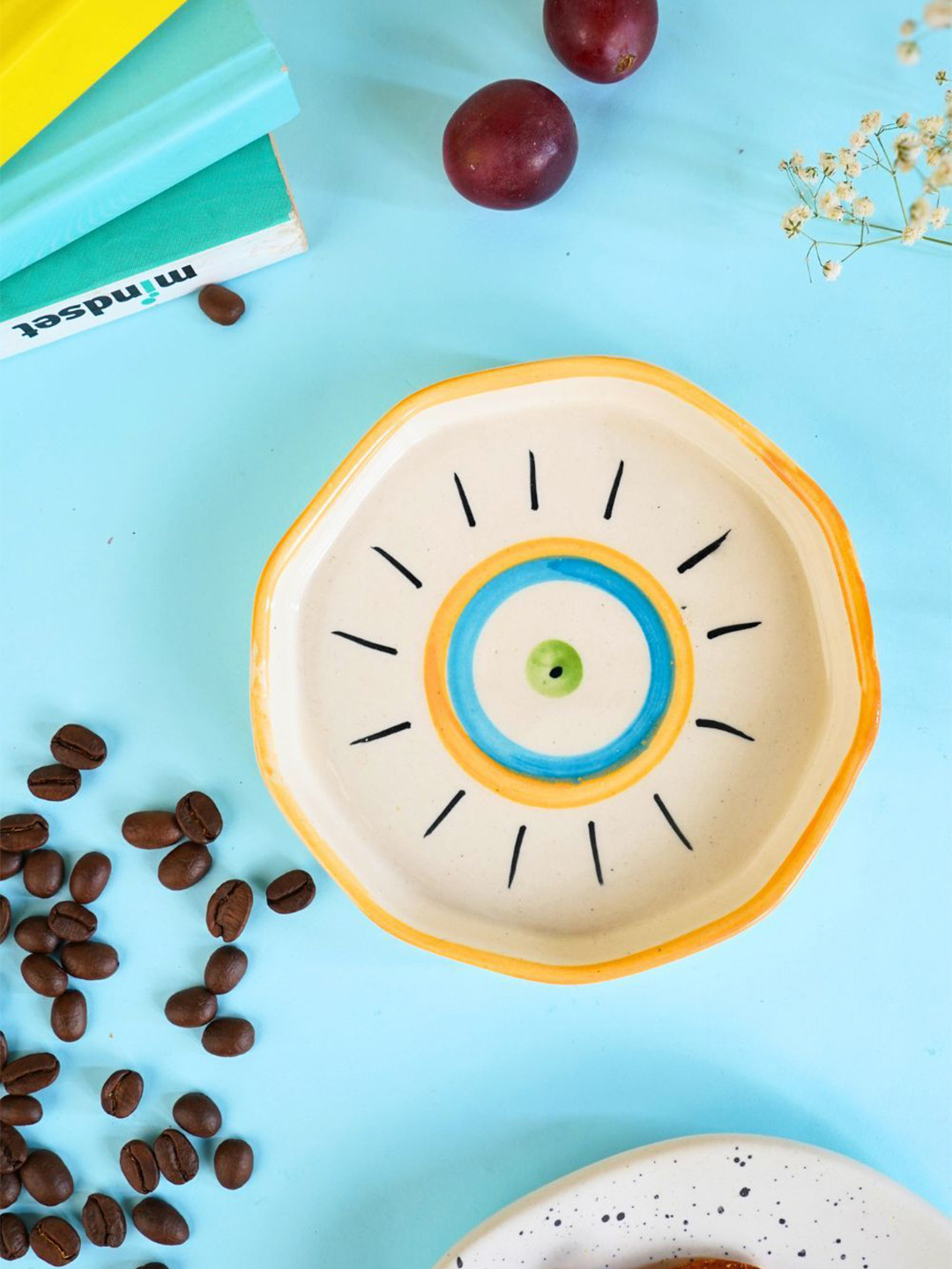 WEAVING HOMES White & Yellow Evil Eye Printed Ceramic Dessert Plate