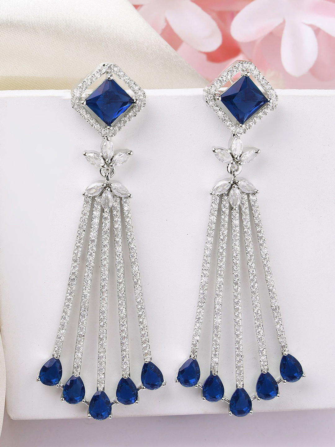 KARATCART White Silver-Plated American Diamond Studded Contemporary Drop Earrings