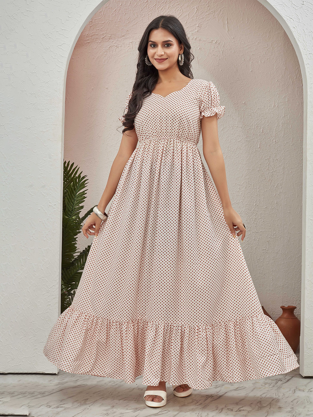 Chandbaali Women Polka Dot Printed Sweetheart Neck Short Sleeve Fit & Flare Maxi Dress