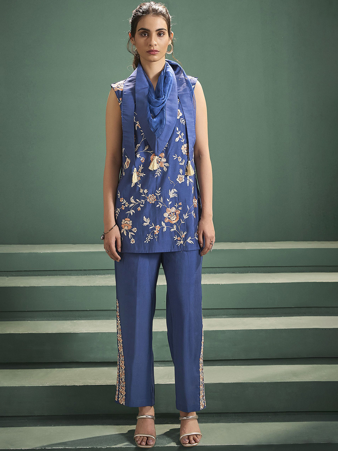 Anouk Blue and Cream Floral Embroidered Tunic & Trouser  With Scarf