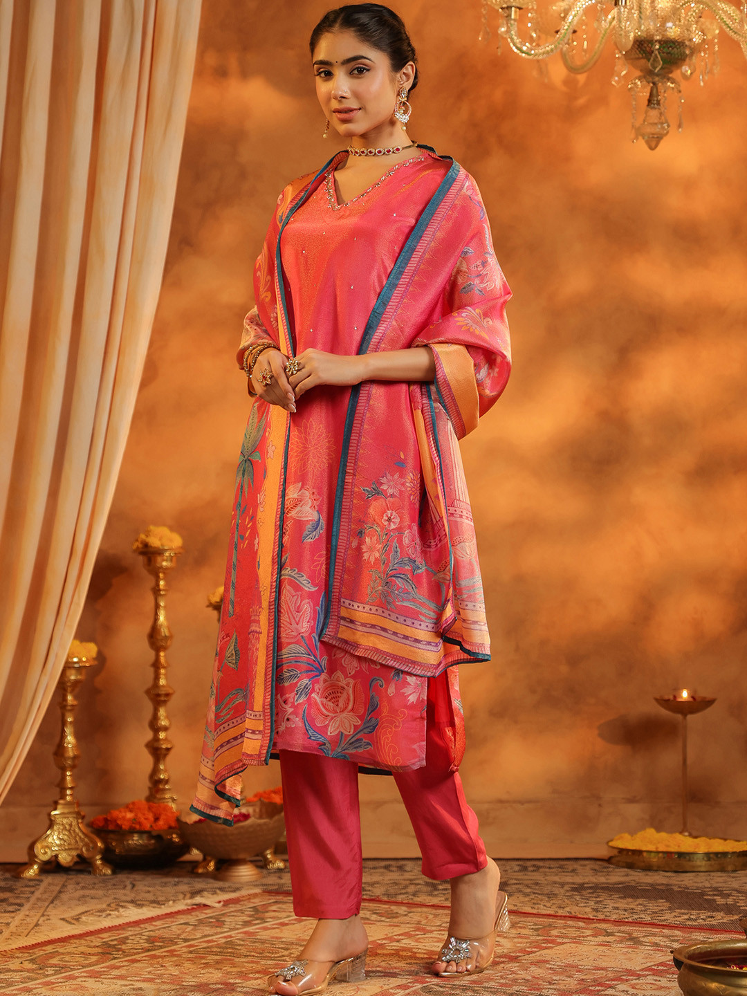 Rain & Rainbow Ethnic Motifs Printed Straight Sequinned Kurta with Trousers & Dupatta Set
