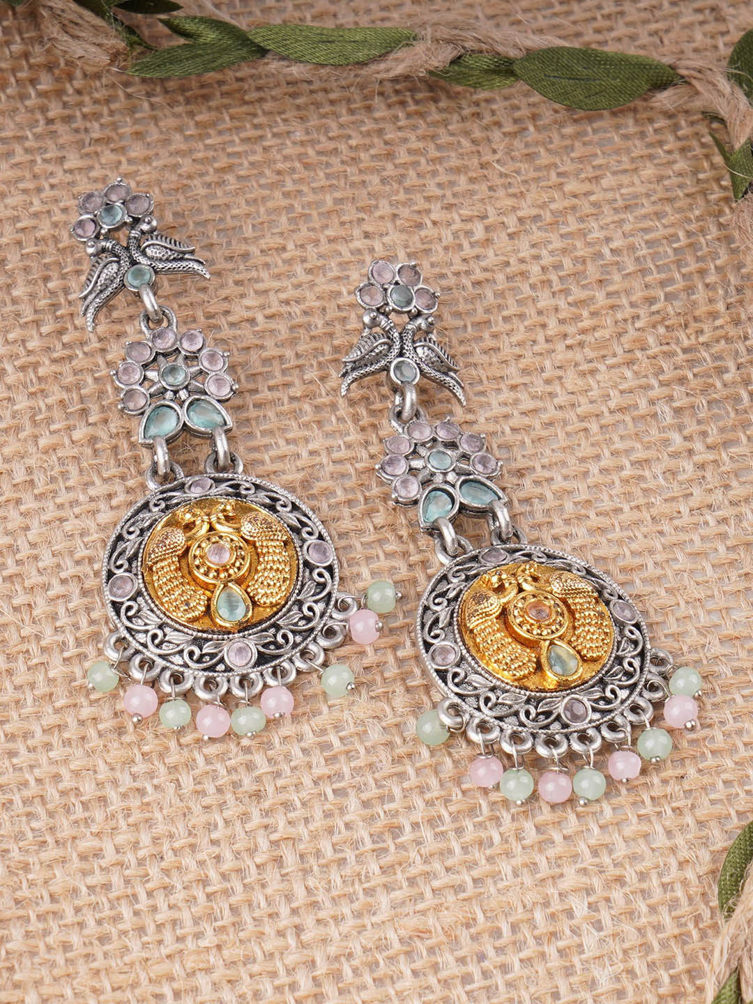 Adwitiya Collection Silver Plated Peacock & Pigeon Design Pearls Oxidised Drop Earrings