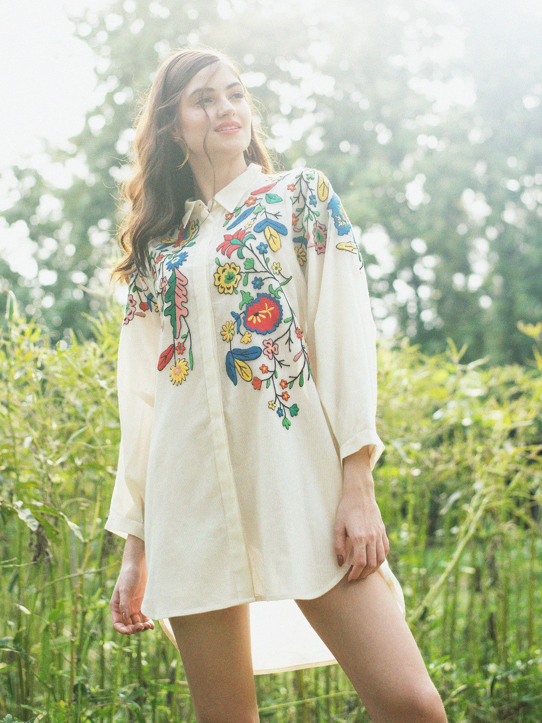 Nika1.0 Floral Print Three-Quarter Sleeves Shirt Collar Cotton Shirt Dress