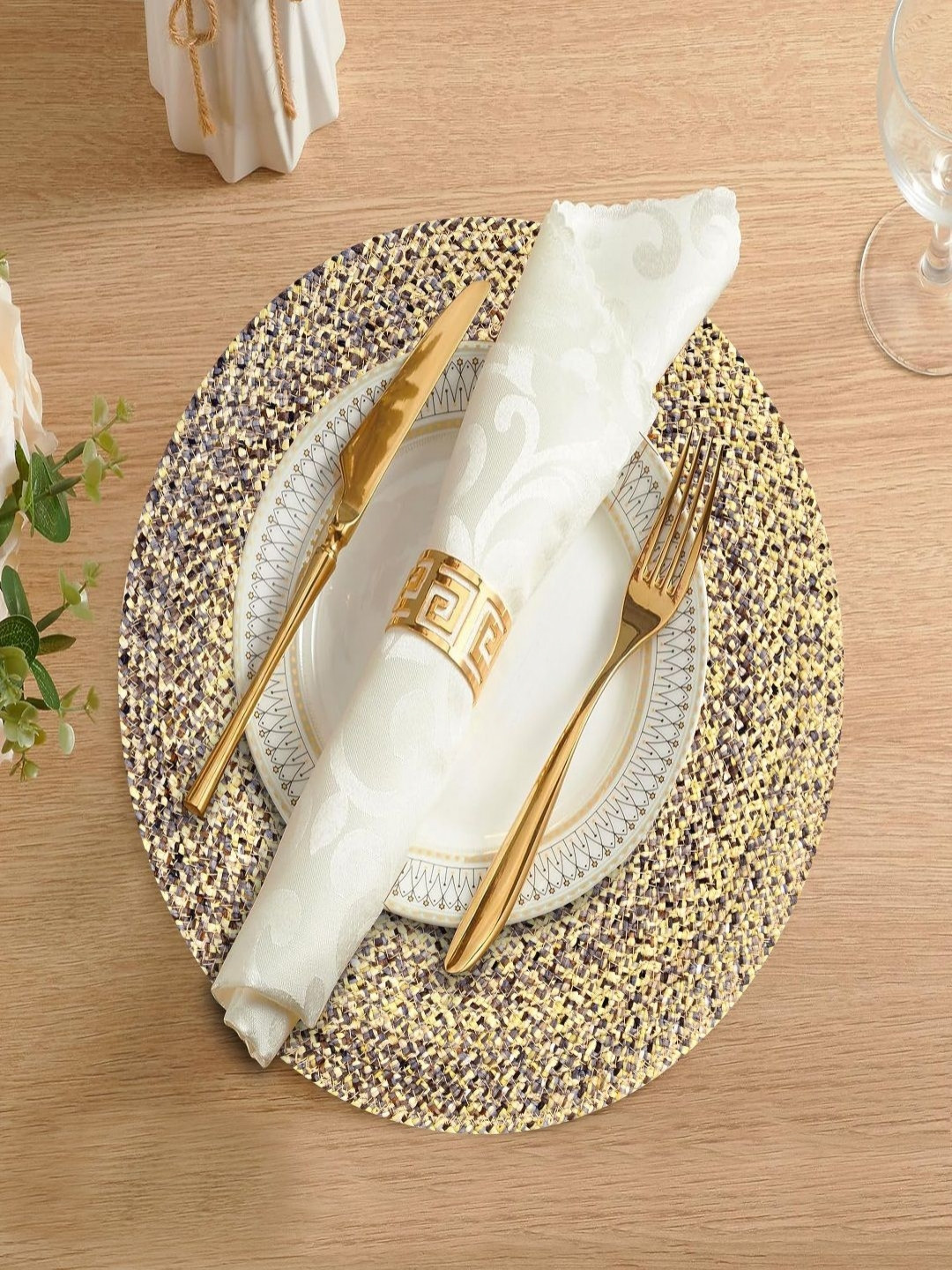 LADLI JEE Beige & Blue Textured Round Table Placemat