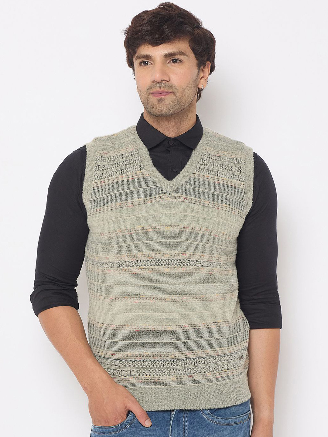 Duke Men Striped Sleeveless V-Neck Sweater Vest