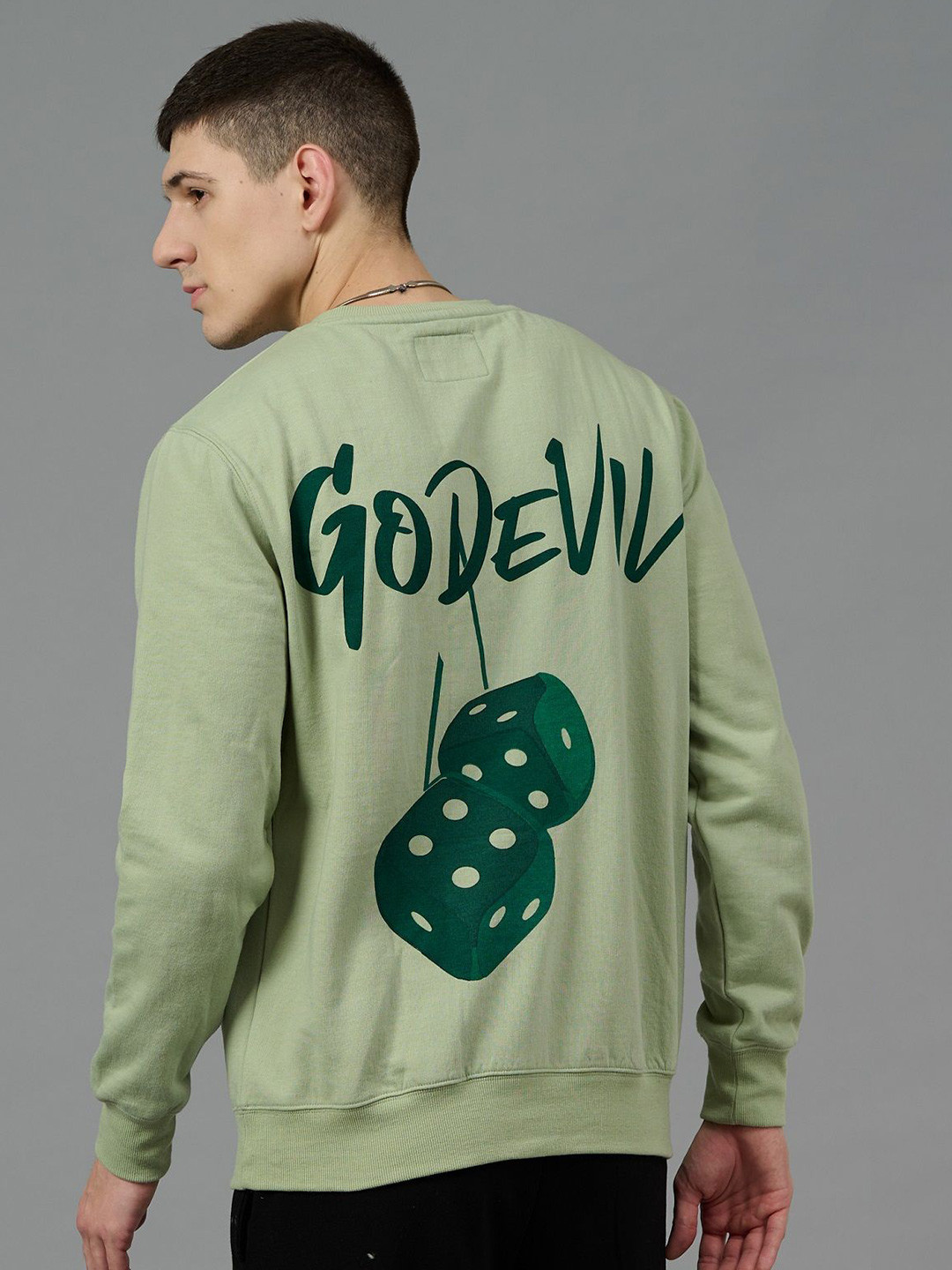 GO DEVIL Men Brand Logo Printed Woollen Oversized Round Neck Long Sleeves Sweatshirt