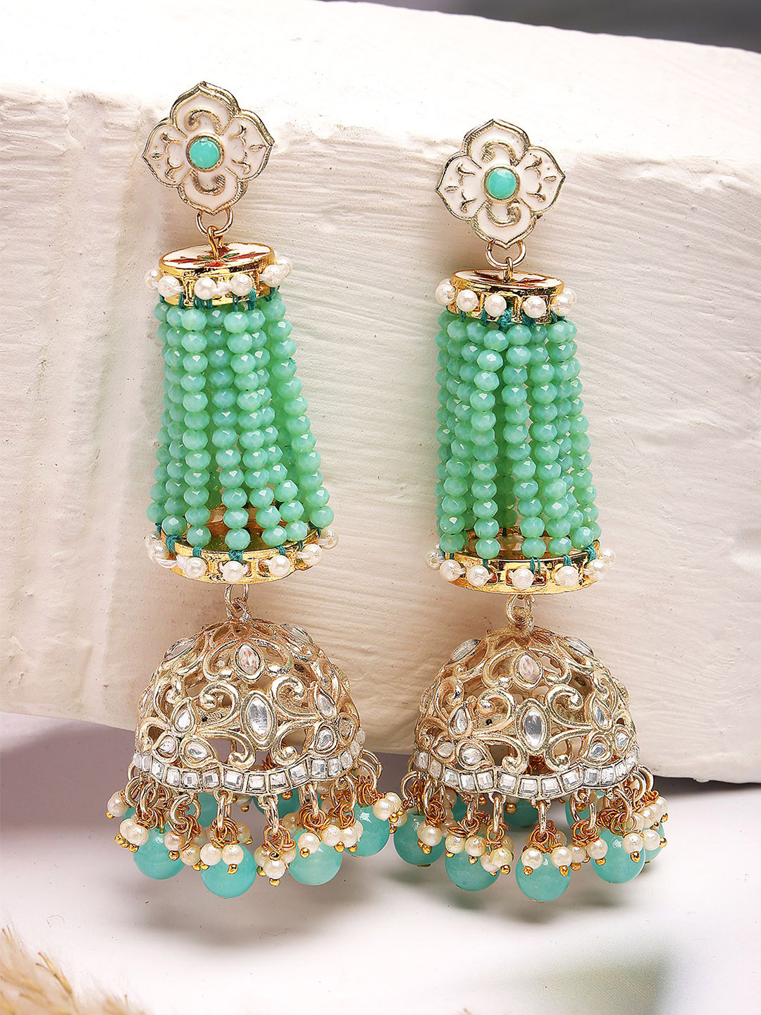 KARATCART Gold-Plated Dome Shaped Crystal & Kundan Jhumkas