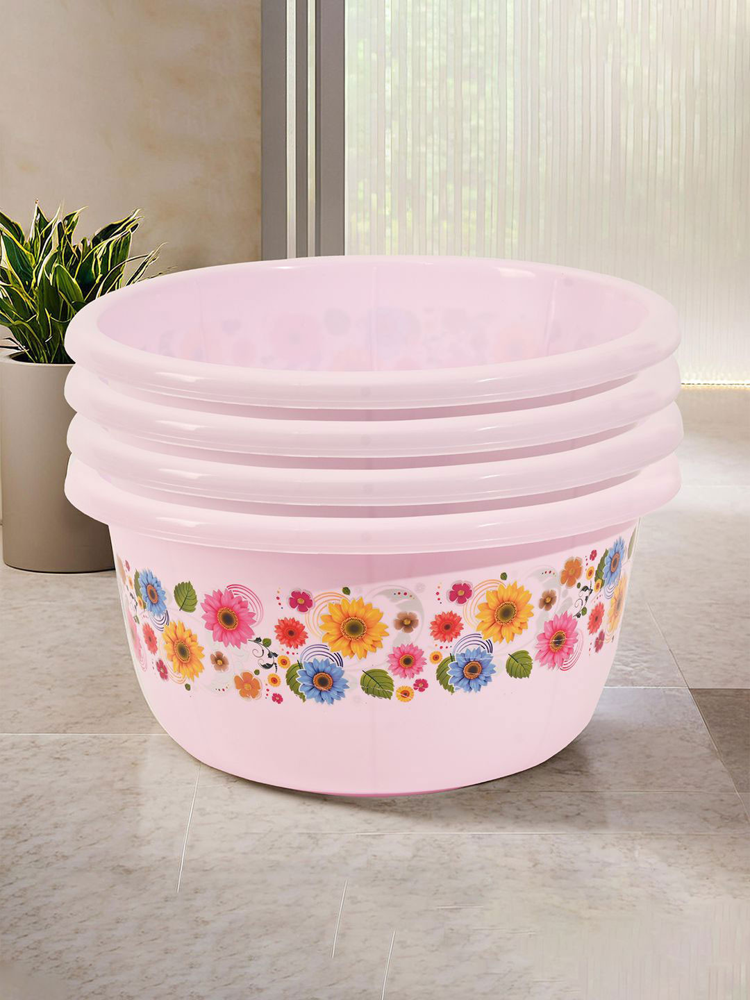 Kuber Industries Pink 4 Pieces Floral Printed Matte Bath Tub