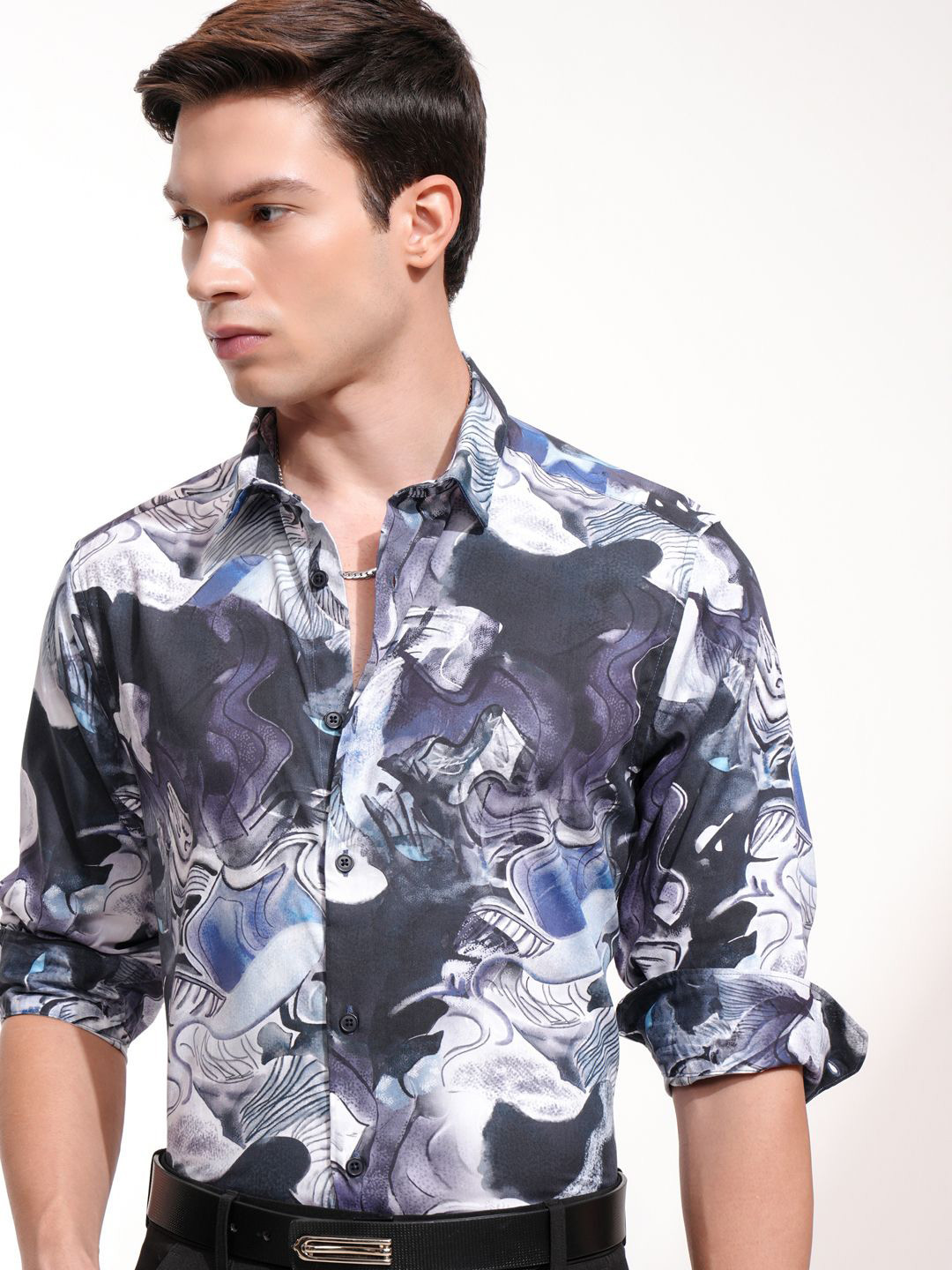 Highlander Men Muicolor Popcorn Textured Printed Cuban Collar Relaxed Slim Fit Shirt