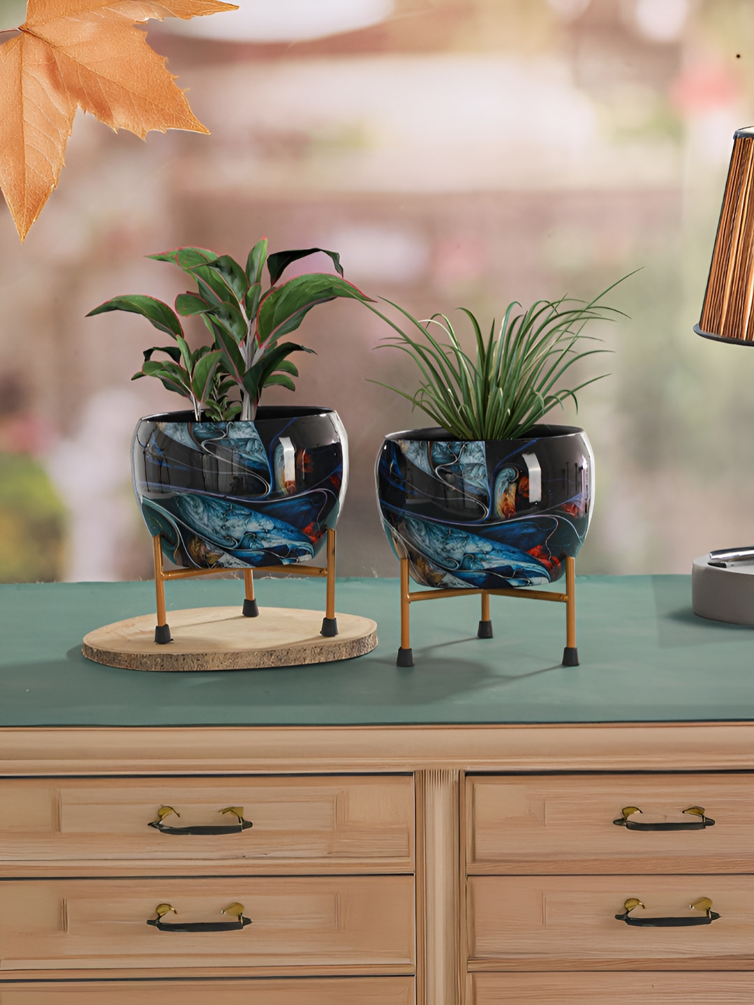 Homspurts Blue 4 Pieces Printed Planters With Stands