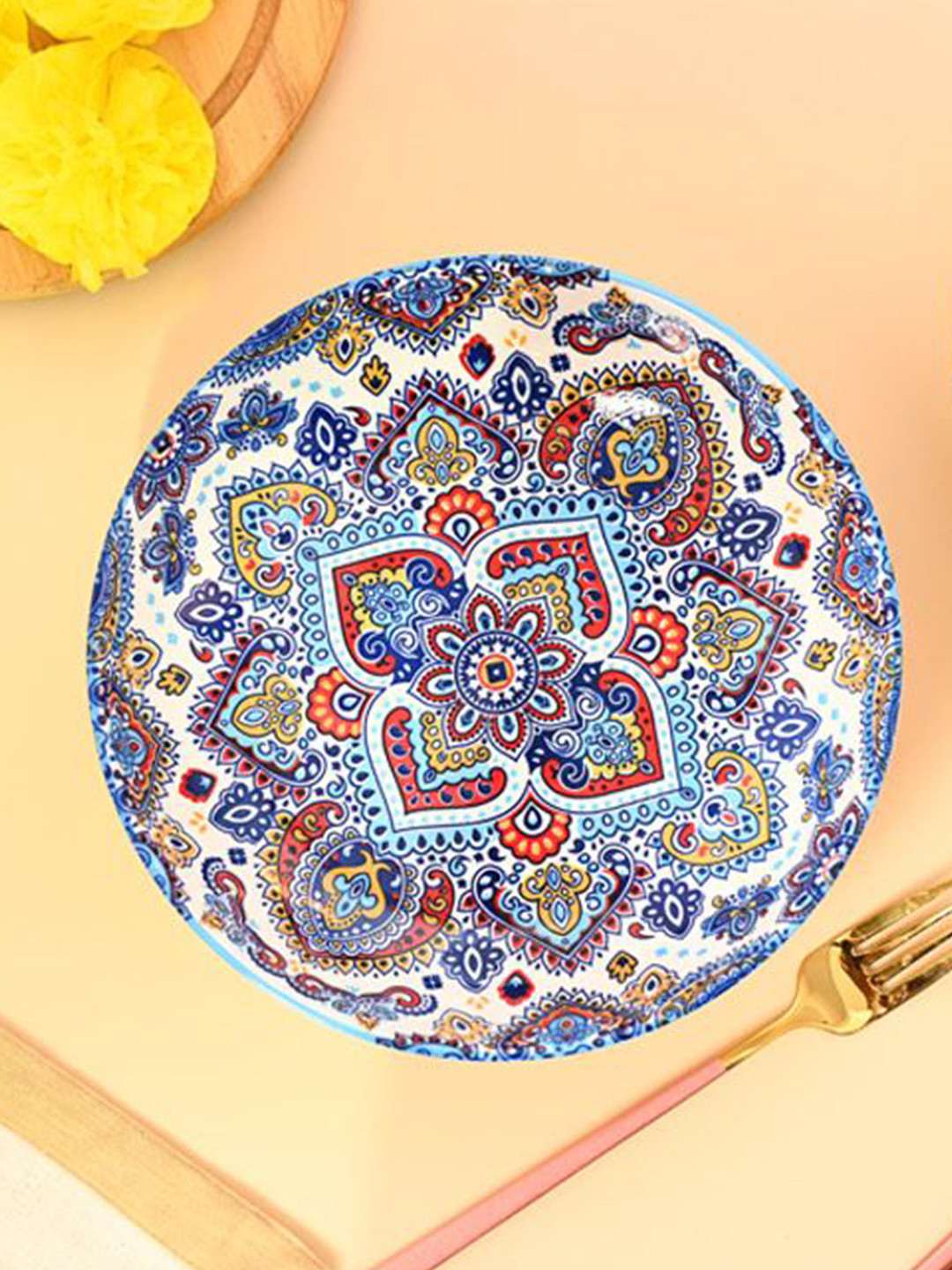 MARKET99 Blue & Red Printed Ceramic Glossy Plate