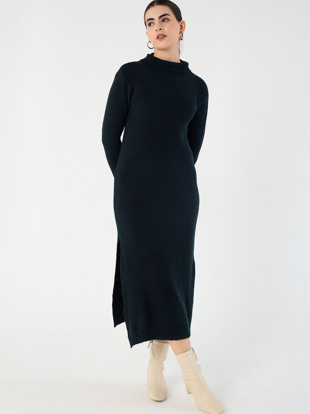 FEMMELLA High Neck Slit Midi Winter Wear Dress