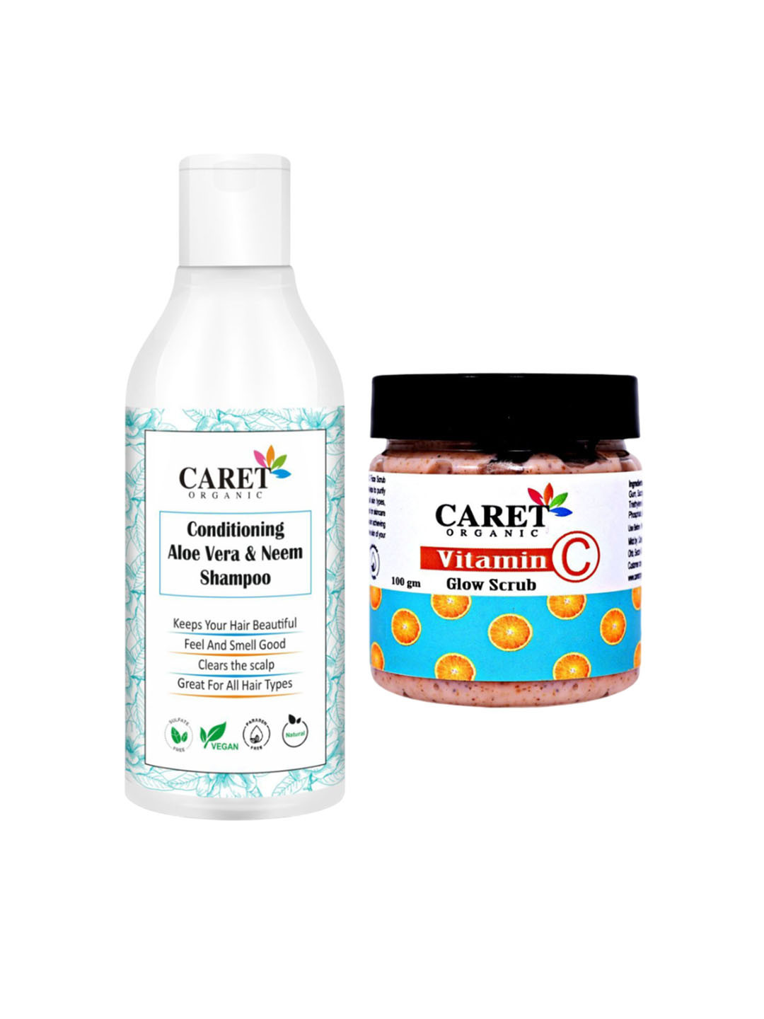 CARET ORGANIC Set of 2Pcs Aloevera & Neem Shampoo - 300 ml  & Vitamin C Glow Scrub - 100 g