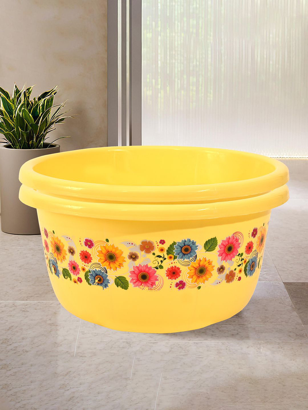 Kuber Industries Yellow 2 Pieces Floral Printed Bath Tubs 40 L Each